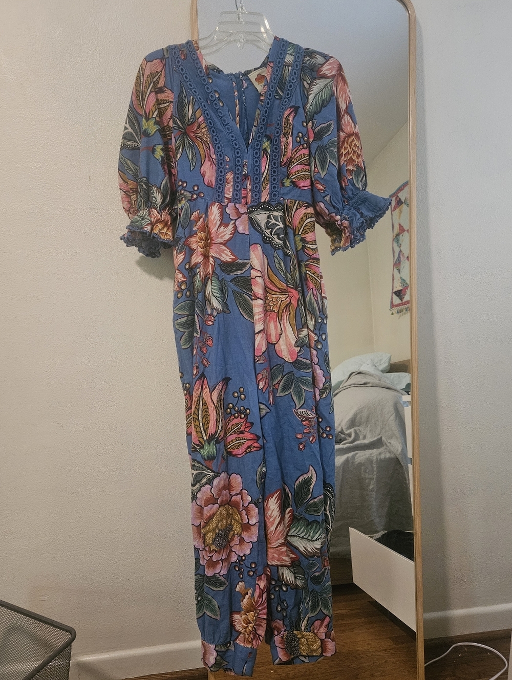 Farm Rio Blue Floral Linen Jumpsuit Extra Small Anthropology